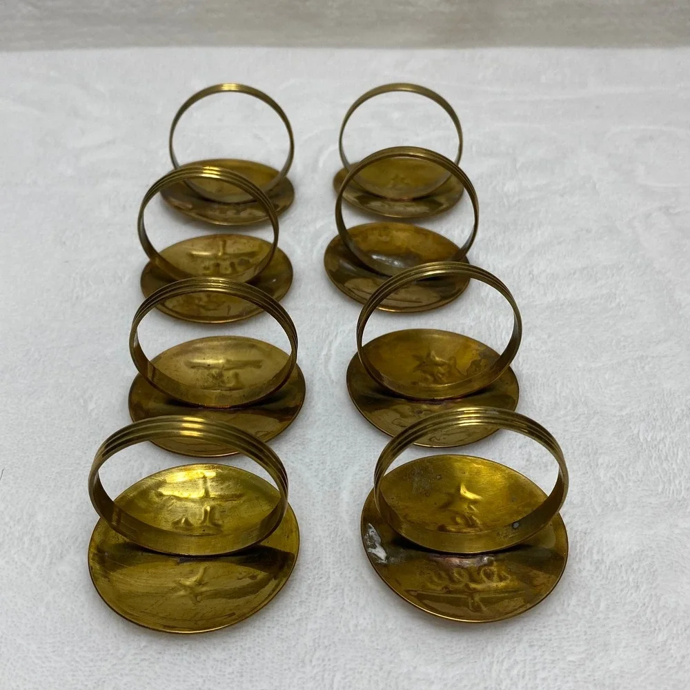 Set of 8 VTG Christmas Tree Napkin Rings Holders Brass Silver Tone Holiday Decor